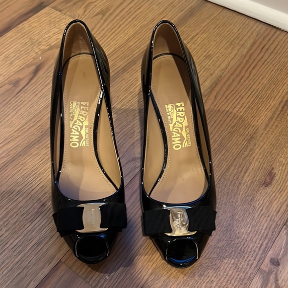 Ferragamo Patent Peep Toe Pumps - Picture 7 of 8